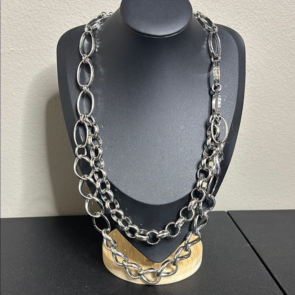 Chico’s Double Chain Silver Tone Hammered Necklace